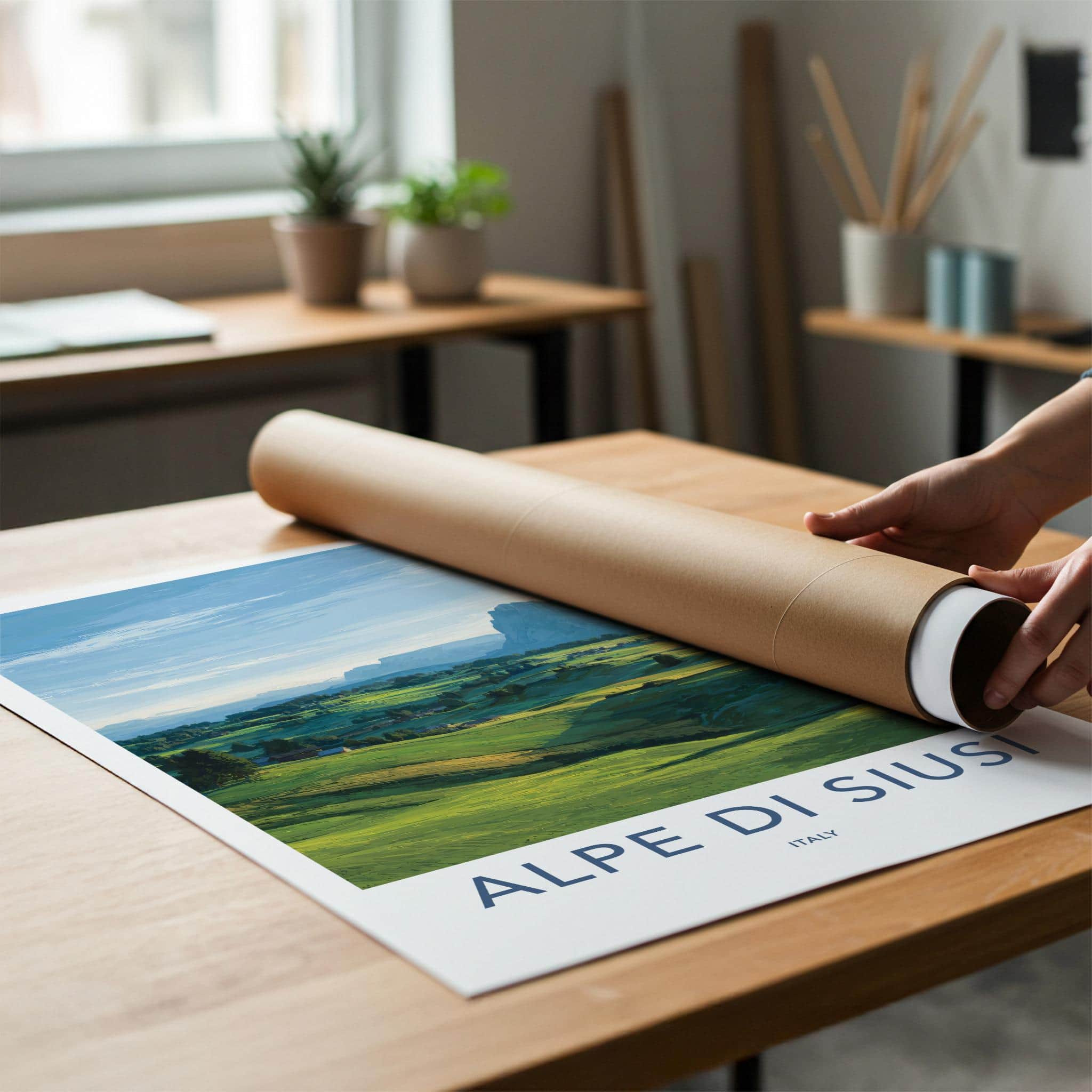 Alpe di Siusi Poster - Italy Travel Art - Green alpine meadows Wall Decor