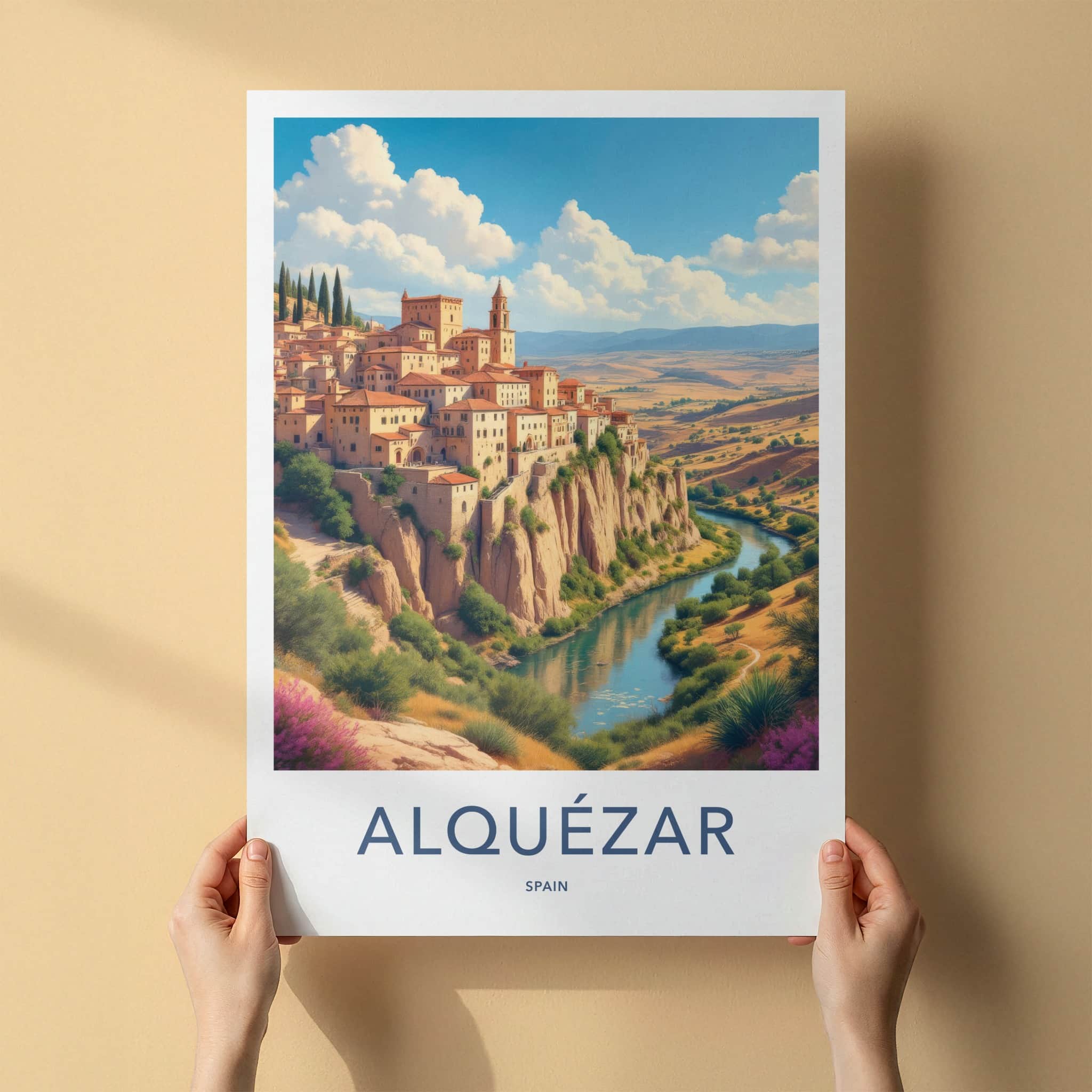 Alquezar Poster - Spain Travel Art - Cliffside Village River Home Decor