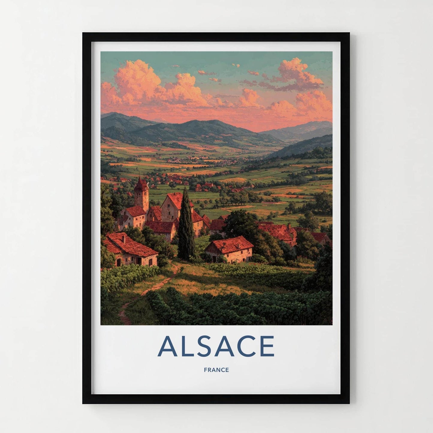 Alsace Poster - France Travel Art - Sunset Village Vineyards Wall Decor