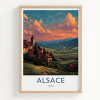 Alsace Poster - France Travel Illustration - Sunset Village View Home Decor