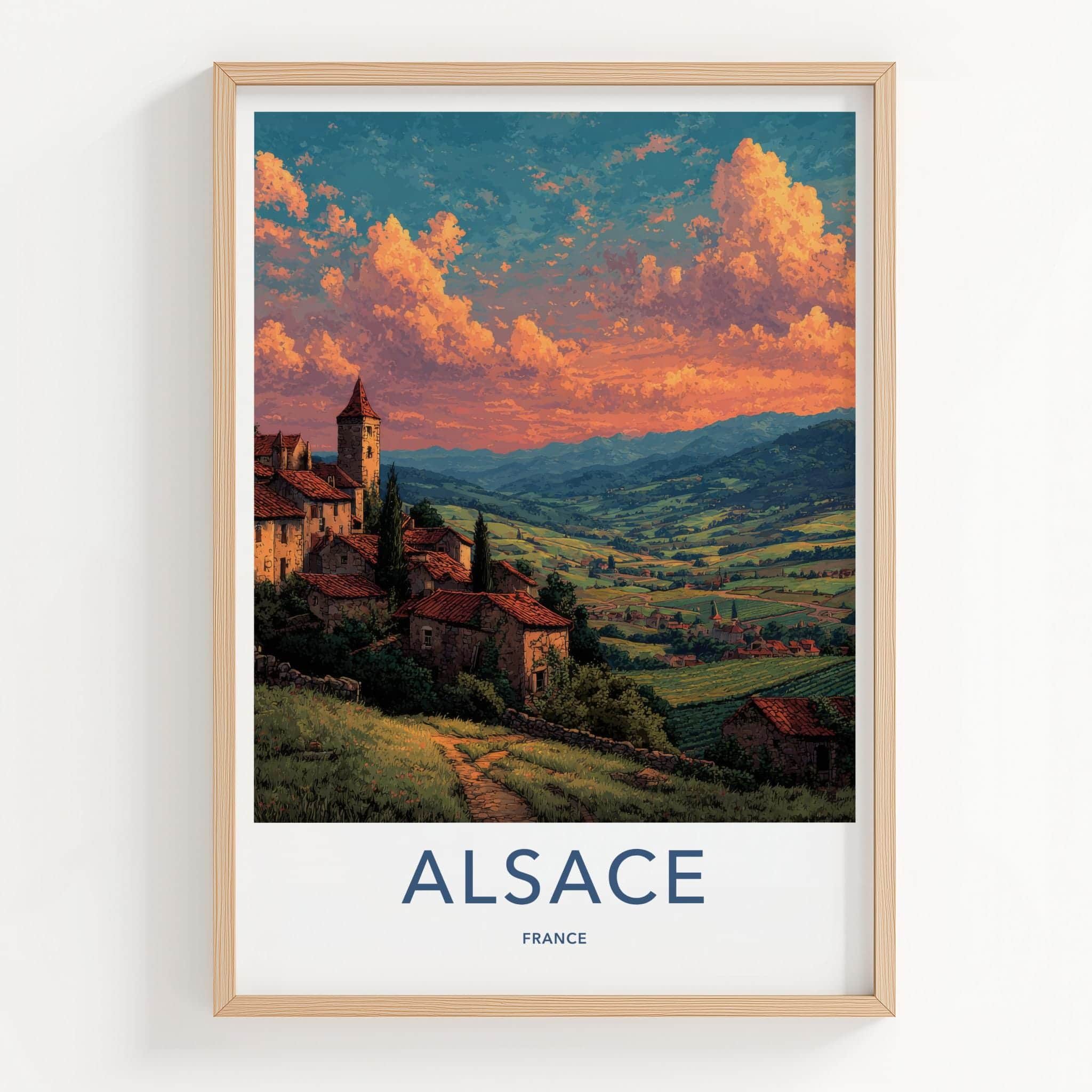 Alsace Poster - France Travel Illustration - Sunset Village View Home Decor