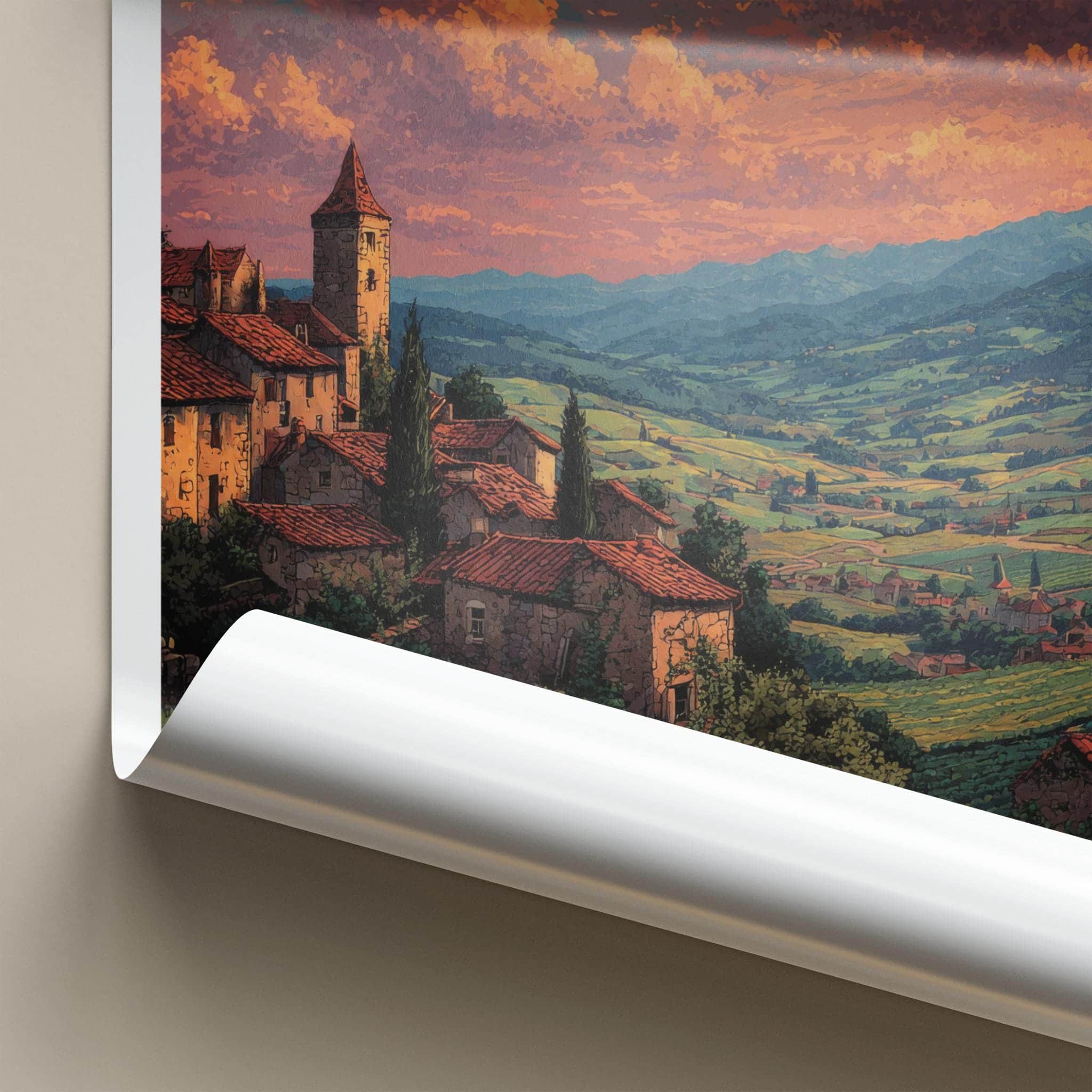 Alsace Poster - France Travel Illustration - Sunset Village View Home Decor