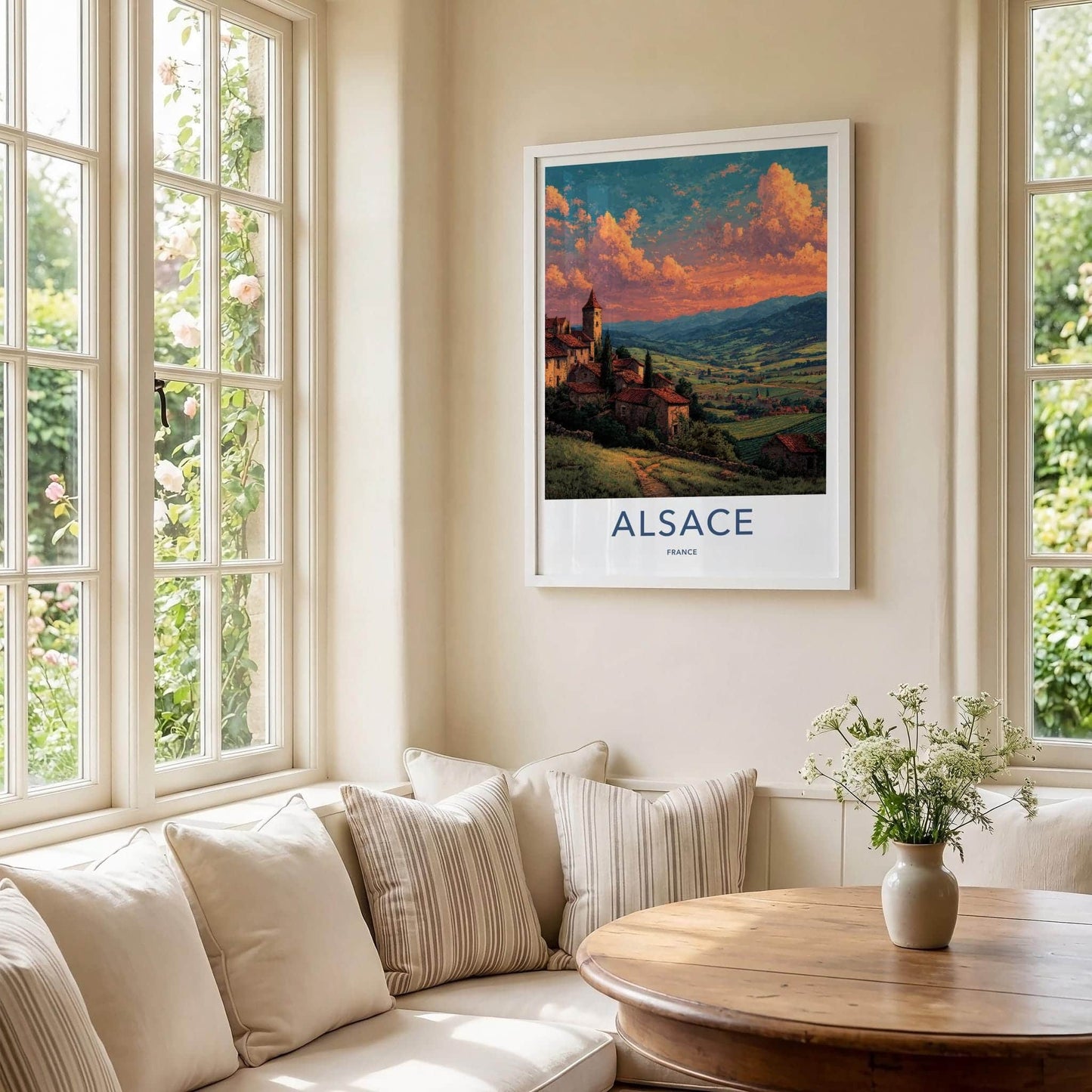 Alsace Poster - France Travel Illustration - Sunset Village View Home Decor