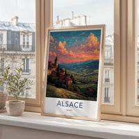 Alsace Poster - France Travel Illustration - Sunset Village View Home Decor