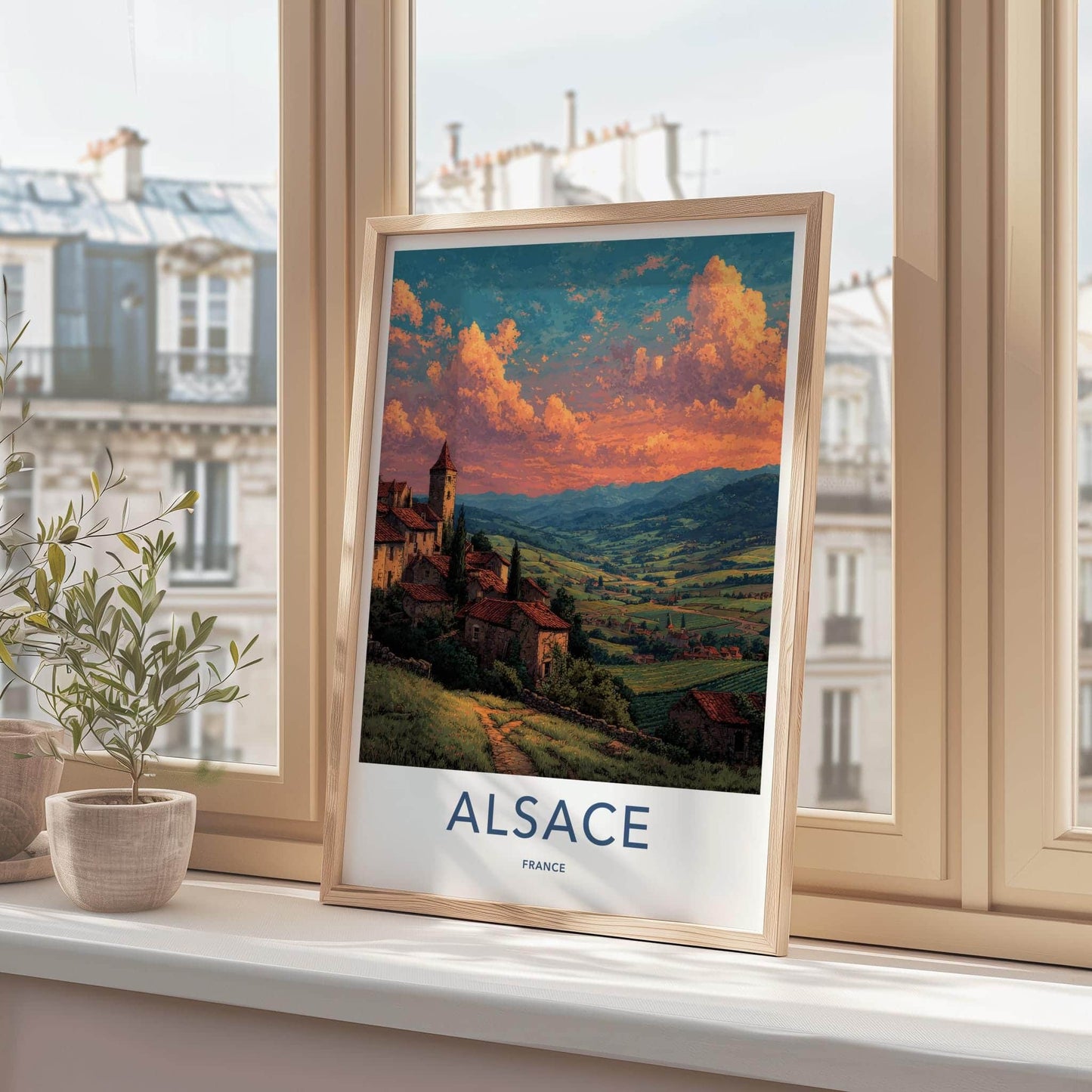 Alsace Poster - France Travel Illustration - Sunset Village View Home Decor