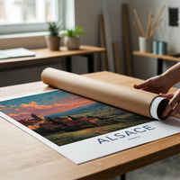 Alsace Poster - France Travel Illustration - Sunset Village View Home Decor