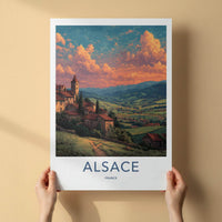 Alsace Poster - France Travel Illustration - Sunset Village View Home Decor