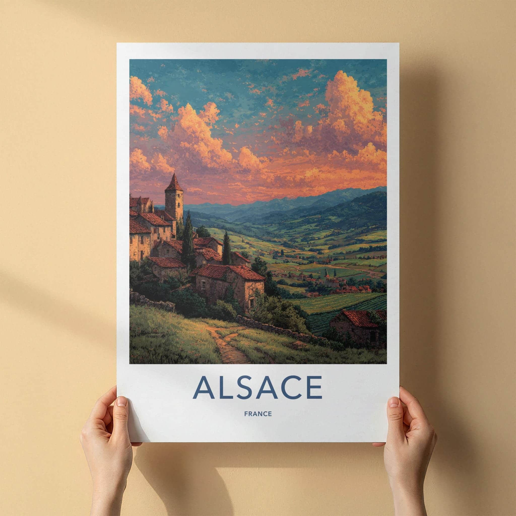 Alsace Poster - France Travel Illustration - Sunset Village View Home Decor