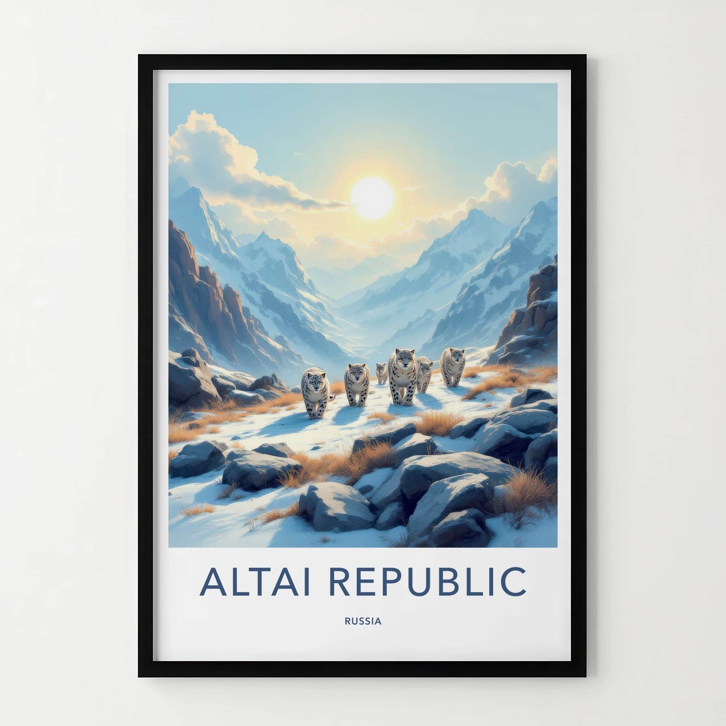 Altai Republic Poster - Russia Wall Art - Walking Snow Leopards Home Decor