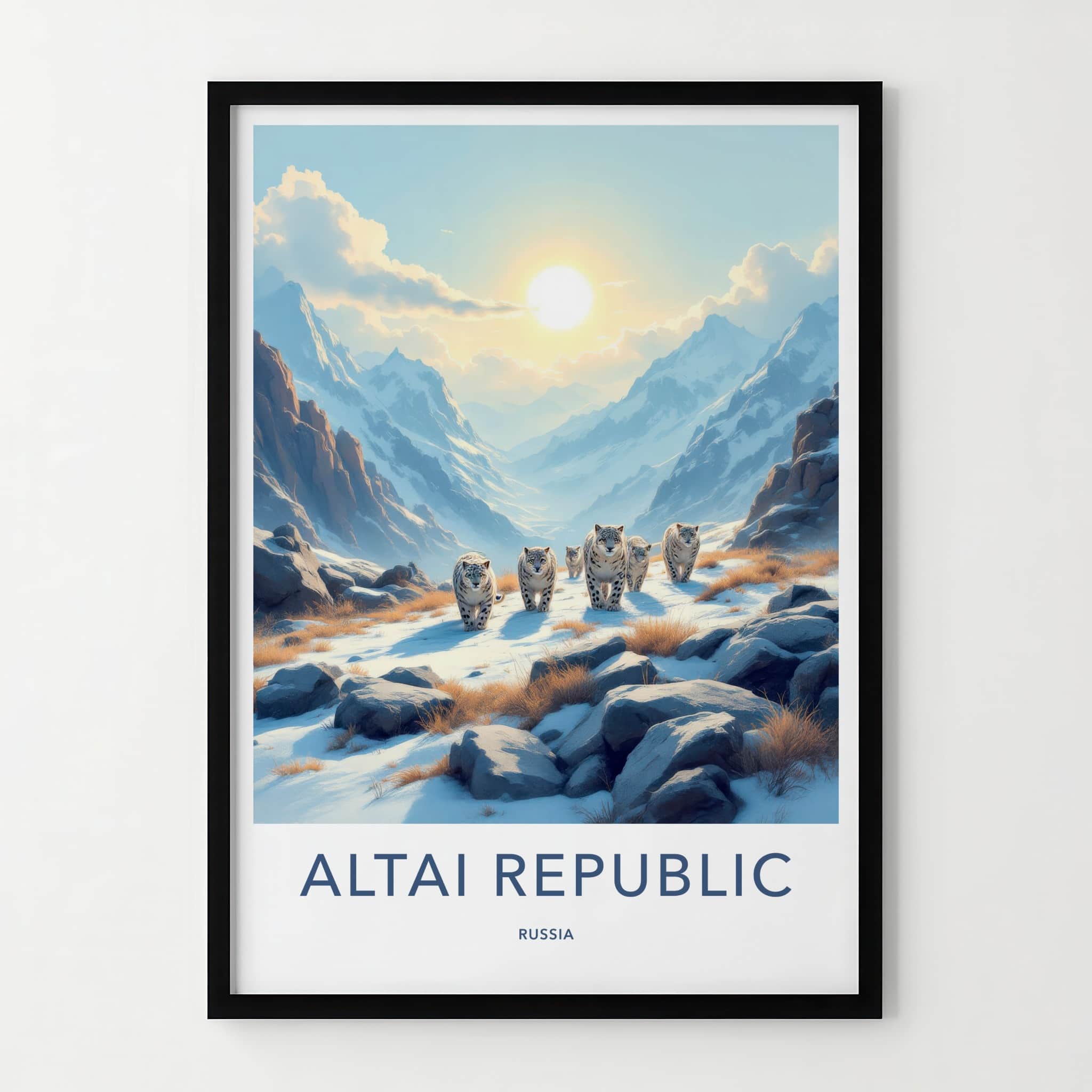 Altai Republic Poster - Russia Wall Art - Walking Snow Leopards Home Decor
