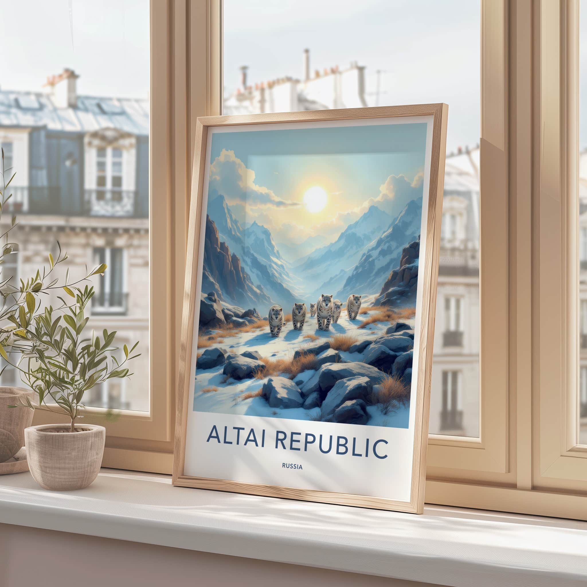 Altai Republic Poster - Russia Wall Art - Walking Snow Leopards Home Decor