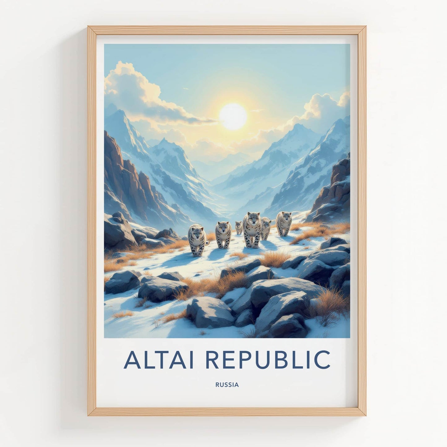 Altai Republic Poster - Russia Wall Art - Walking Snow Leopards Home Decor