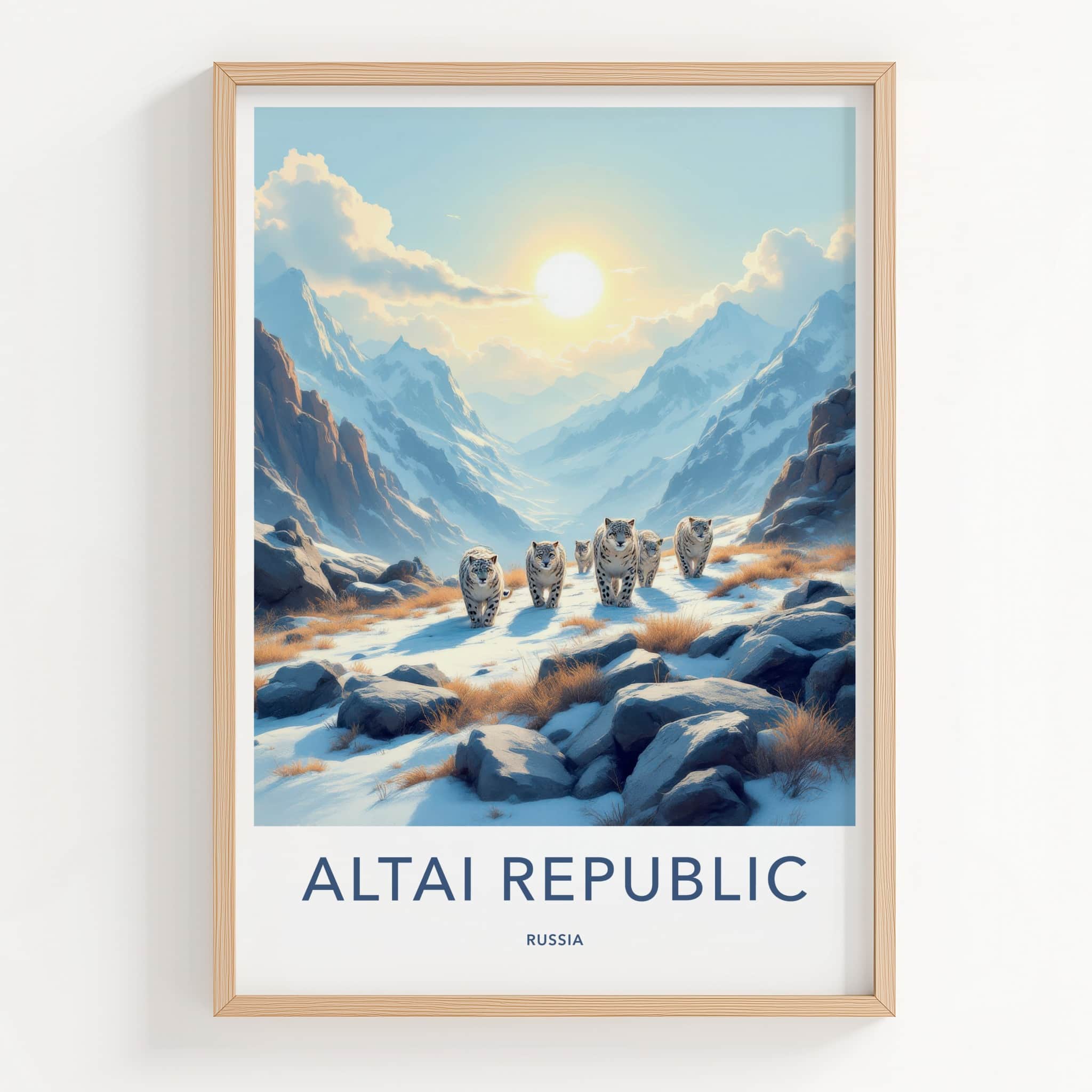 Altai Republic Poster - Russia Wall Art - Walking Snow Leopards Home Decor