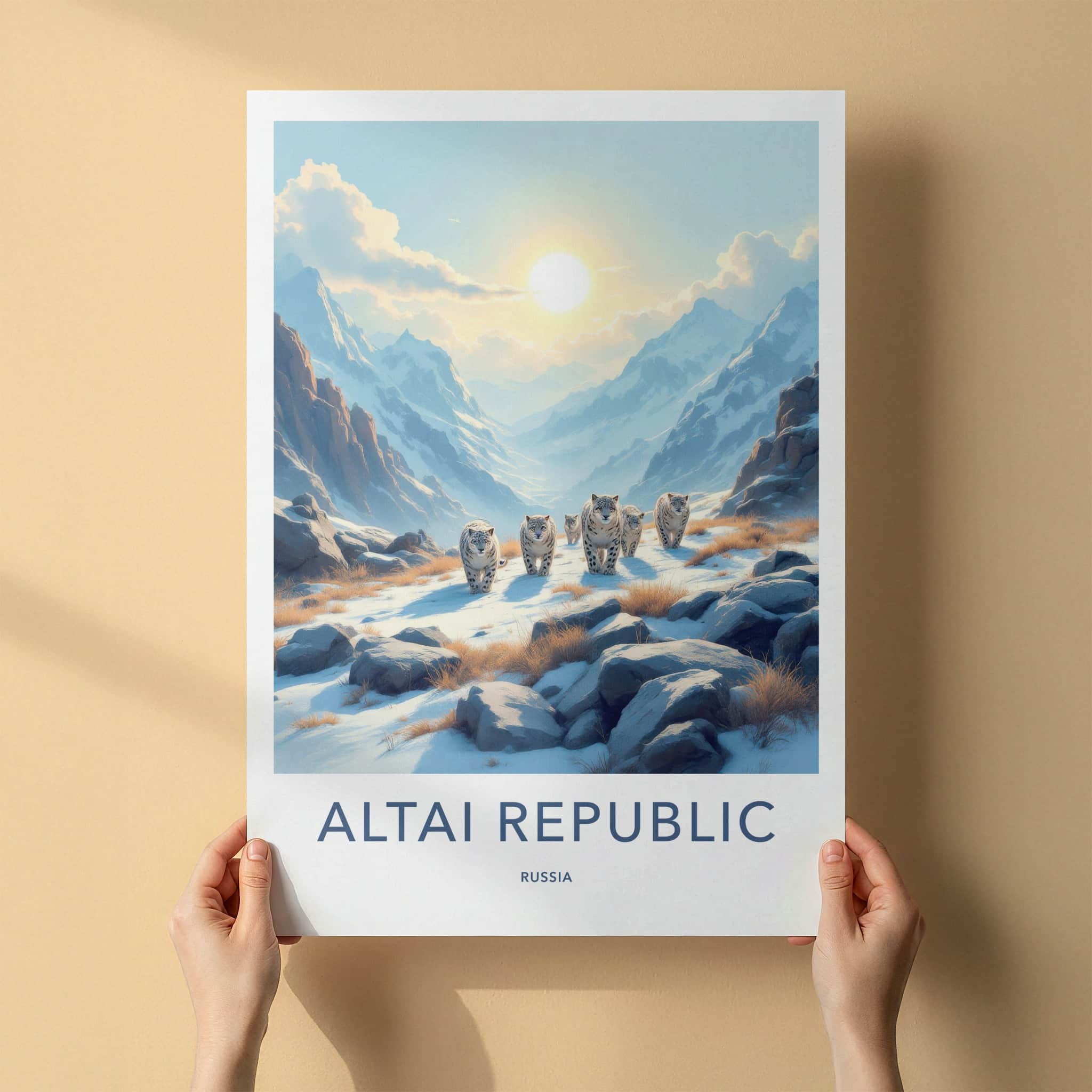 Altai Republic Poster - Russia Wall Art - Walking Snow Leopards Home Decor
