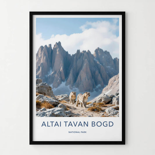 Altai Tavan Bogd Poster - Mongolia Travel Art - Wild Leopards Rocky Terrain Wall Decor