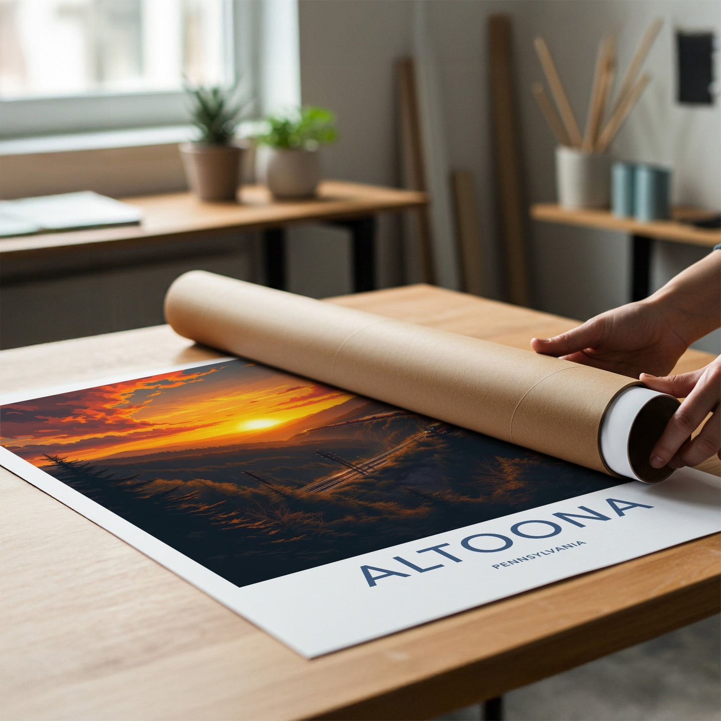 Altoona Poster - Pennsylvania Travel Art - Curving Train Sunset Wall Decor