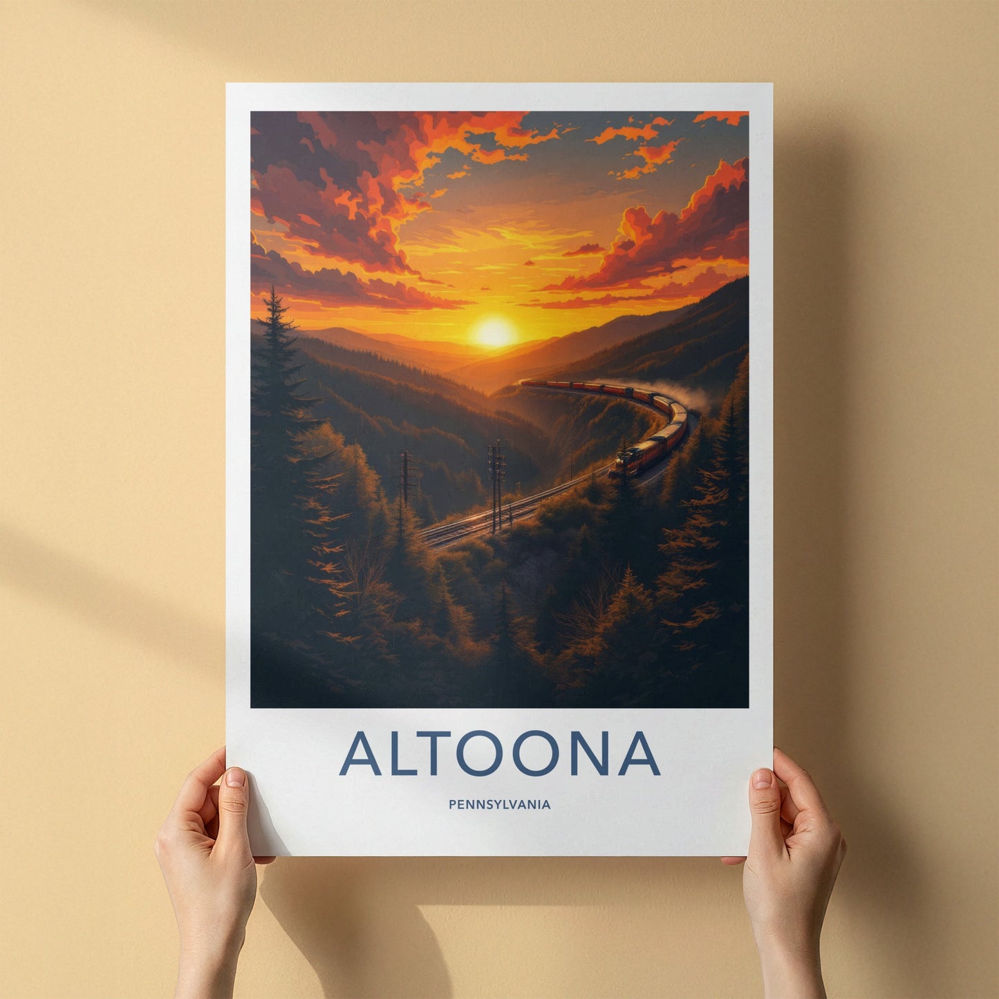 Altoona Poster - Pennsylvania Travel Art - Curving Train Sunset Wall Decor