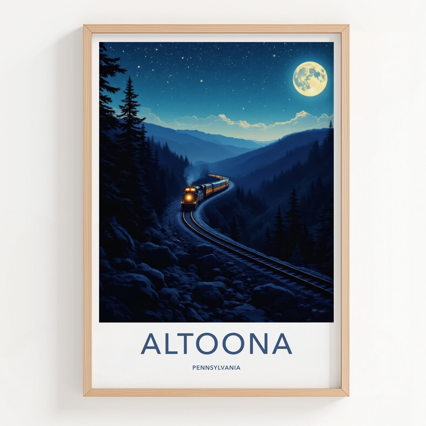 Altoona Poster - Pennsylvania Travel Art - Moonlit Mountain Train Home Decor