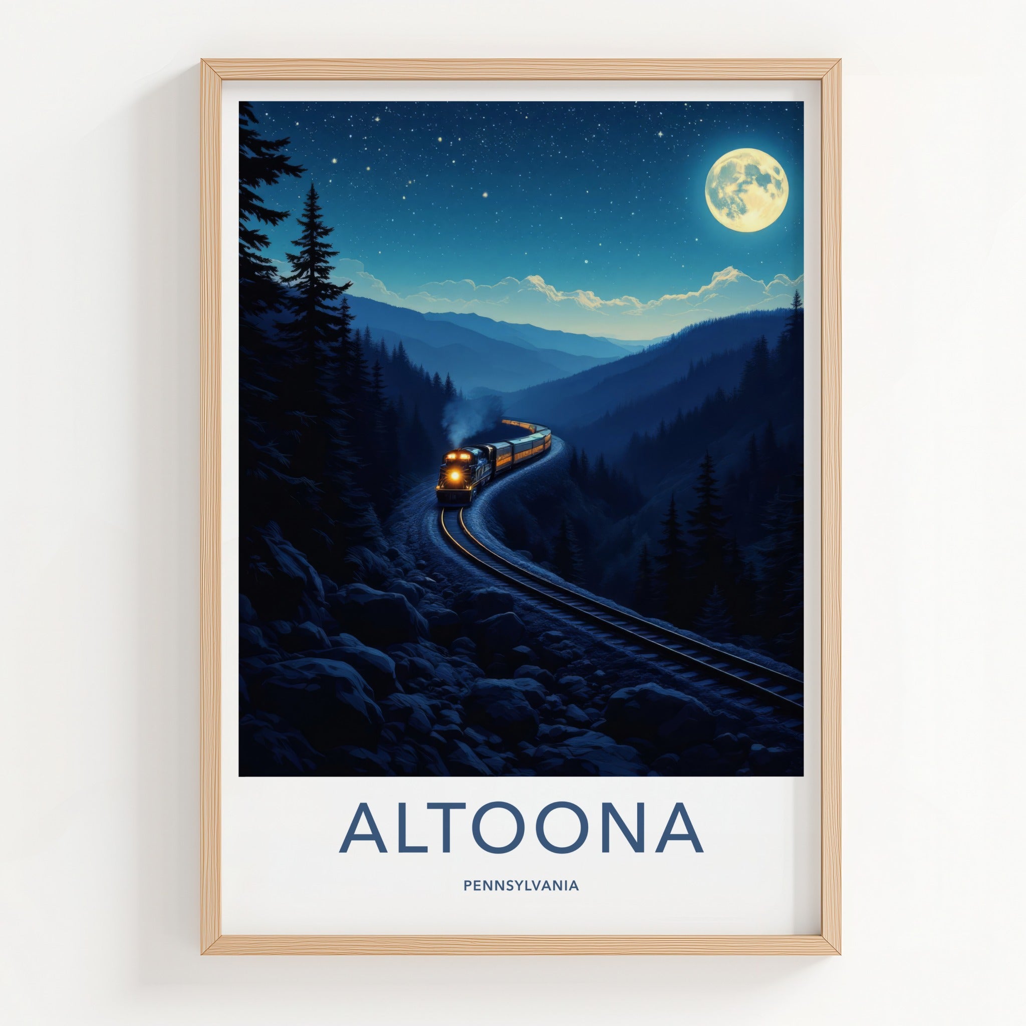 Altoona Poster - Pennsylvania Travel Art - Moonlit Mountain Train Home Decor