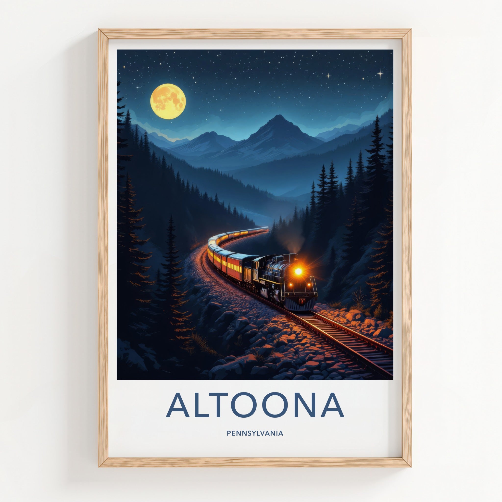 Altoona Poster - Pennsylvania Travel Art - Moonlit Train Mountains Home Decor