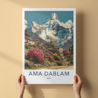 Ama Dablam Poster - Nepal Travel Art - Mountain Village Rhododendrons Gallery Art