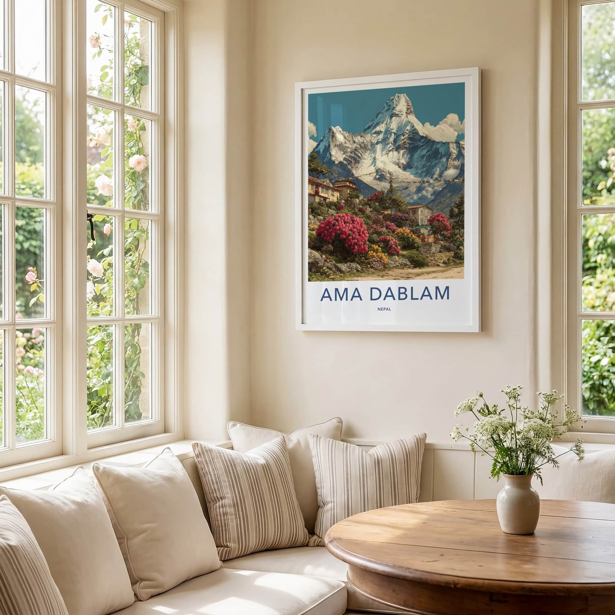 Ama Dablam Poster - Nepal Travel Art - Mountain Village Rhododendrons Gallery Art