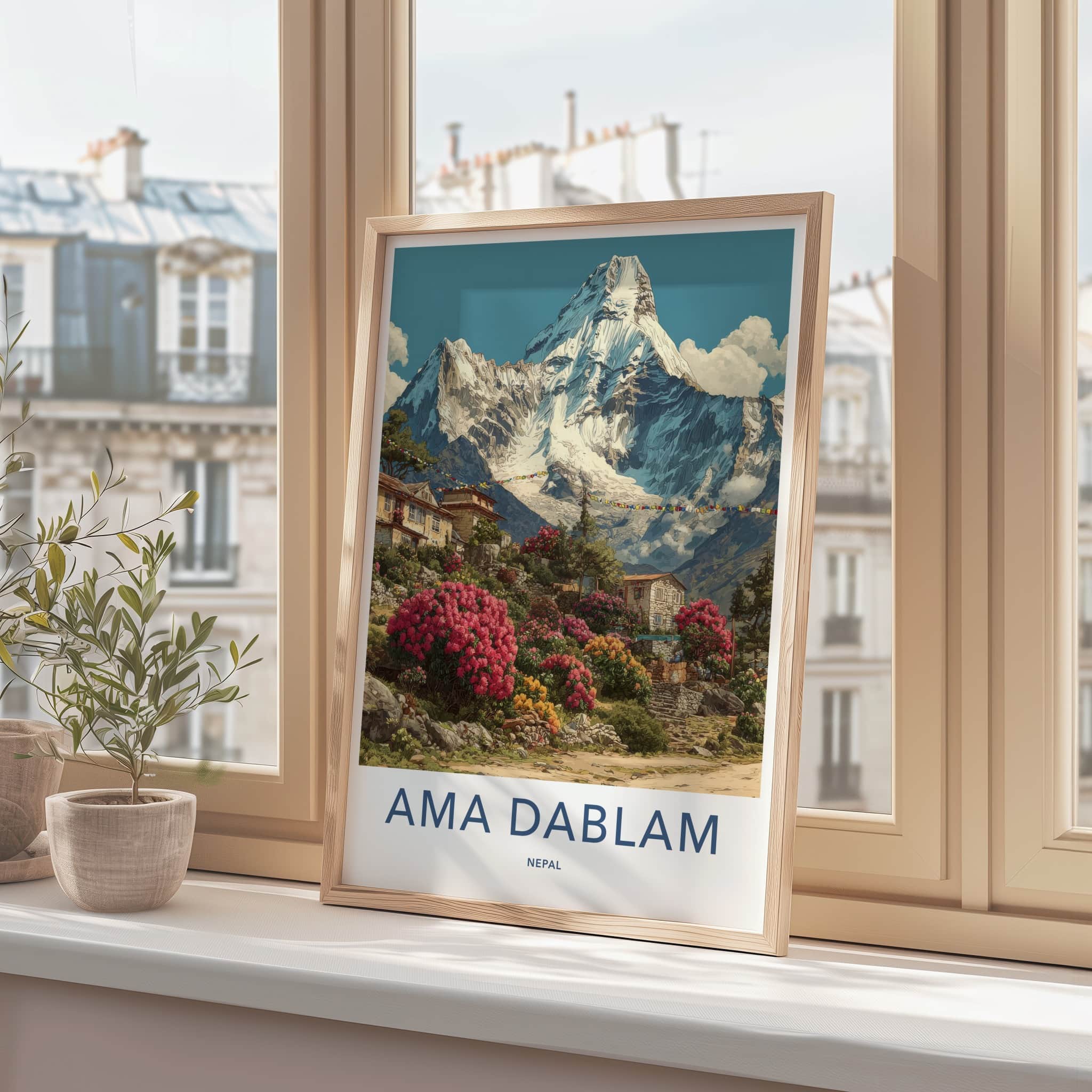 Ama Dablam Poster - Nepal Travel Art - Mountain Village Rhododendrons Gallery Art