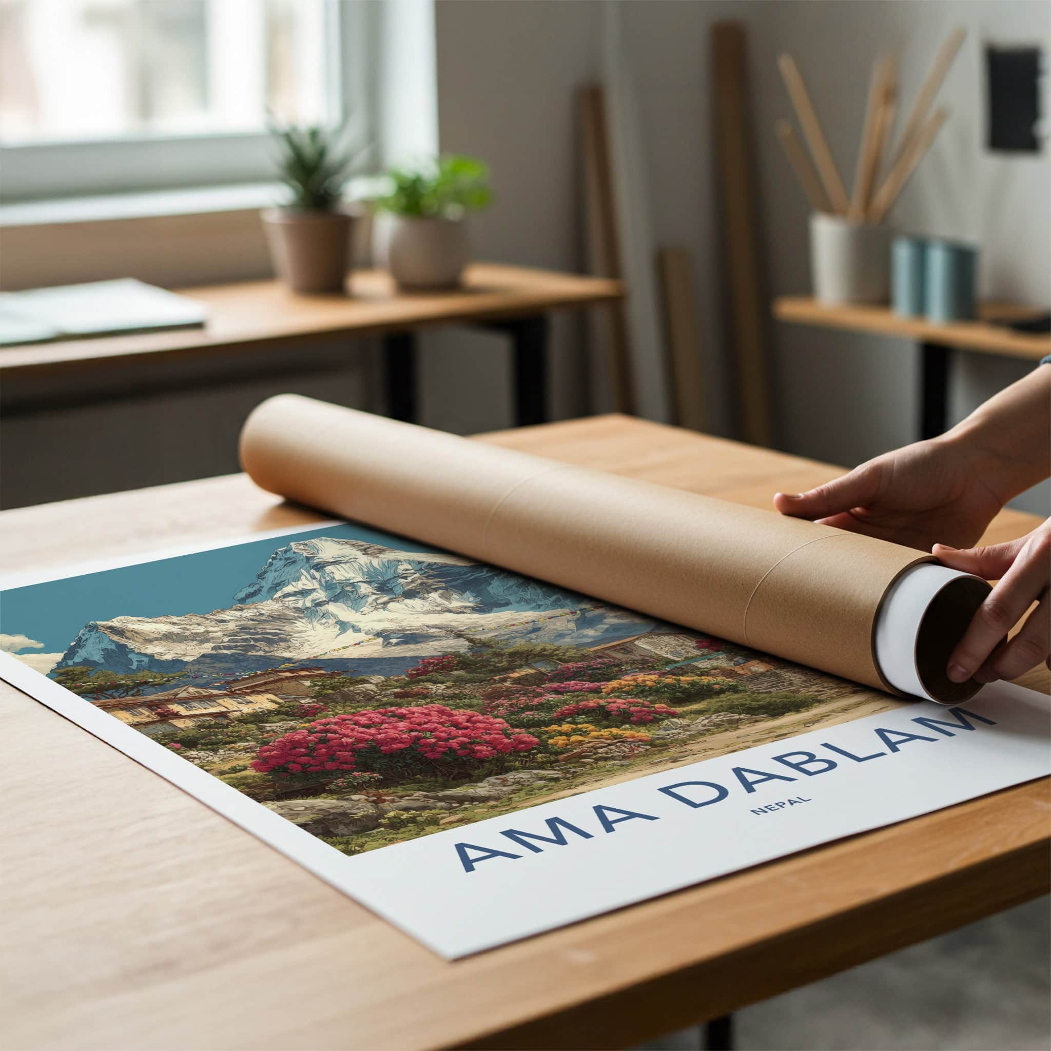 Ama Dablam Poster - Nepal Travel Art - Mountain Village Rhododendrons Gallery Art