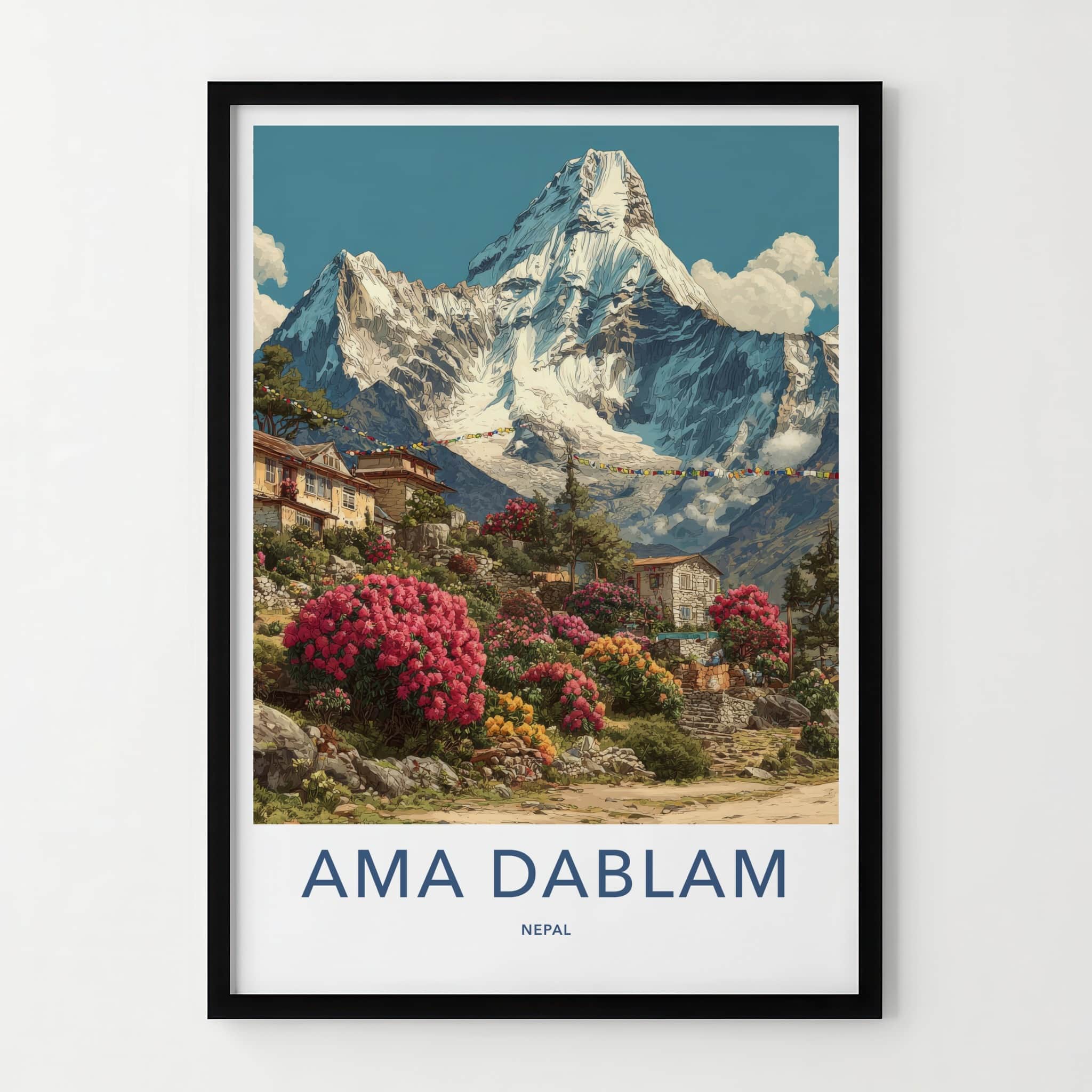 Ama Dablam Poster - Nepal Travel Art - Mountain Village Rhododendrons Gallery Art