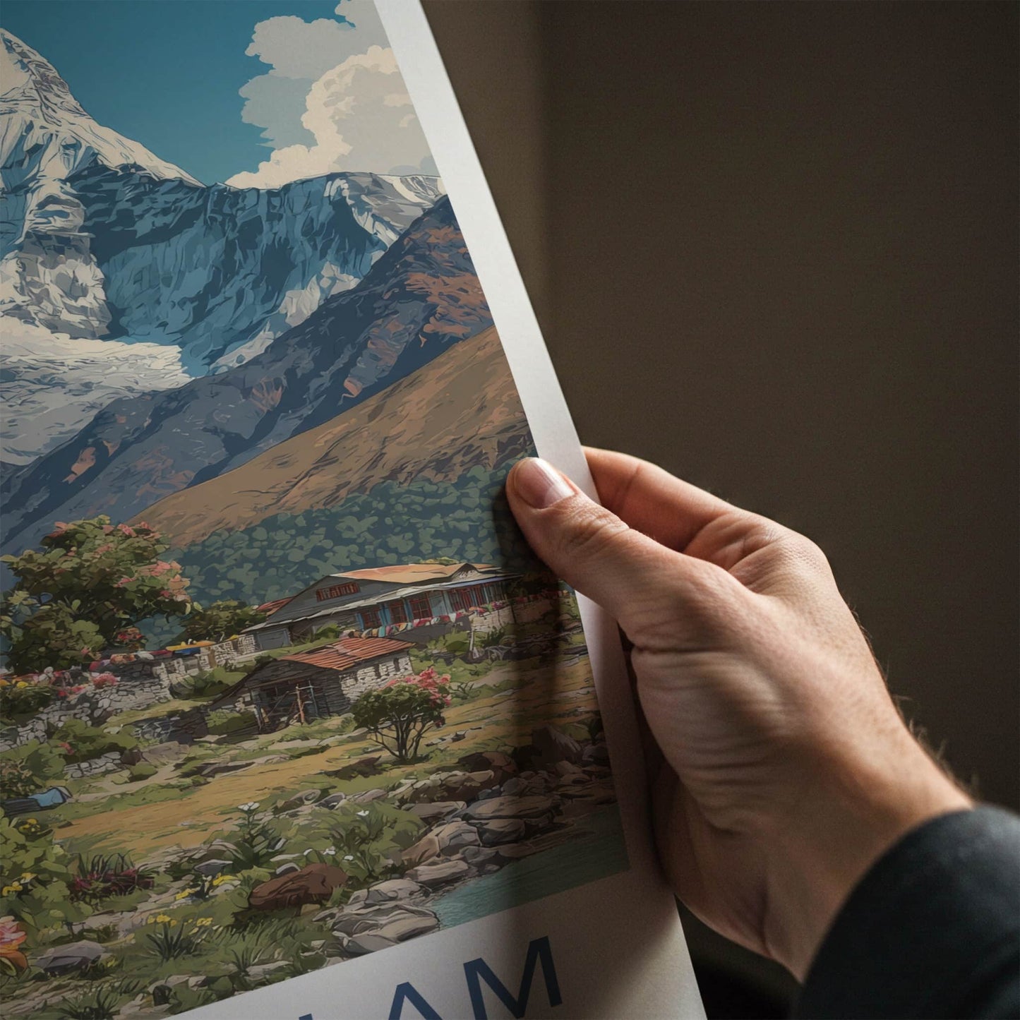 Ama Dablam Poster - Nepal Travel Art - Pink Flowers Village Gallery Art