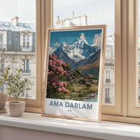 Ama Dablam Poster - Nepal Travel Art - Pink Flowers Village Gallery Art