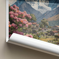 Ama Dablam Poster - Nepal Travel Art - Pink Flowers Village Gallery Art