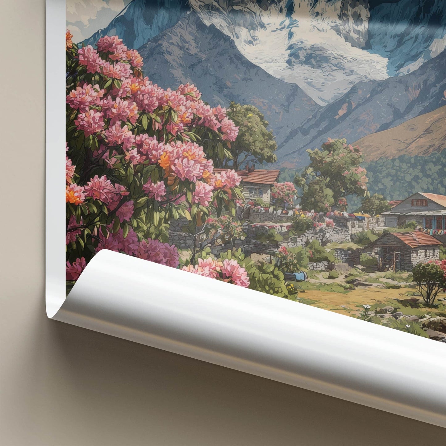 Ama Dablam Poster - Nepal Travel Art - Pink Flowers Village Gallery Art