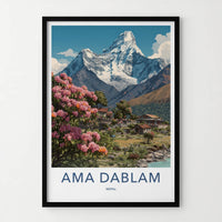 Ama Dablam Poster - Nepal Travel Art - Pink Flowers Village Gallery Art