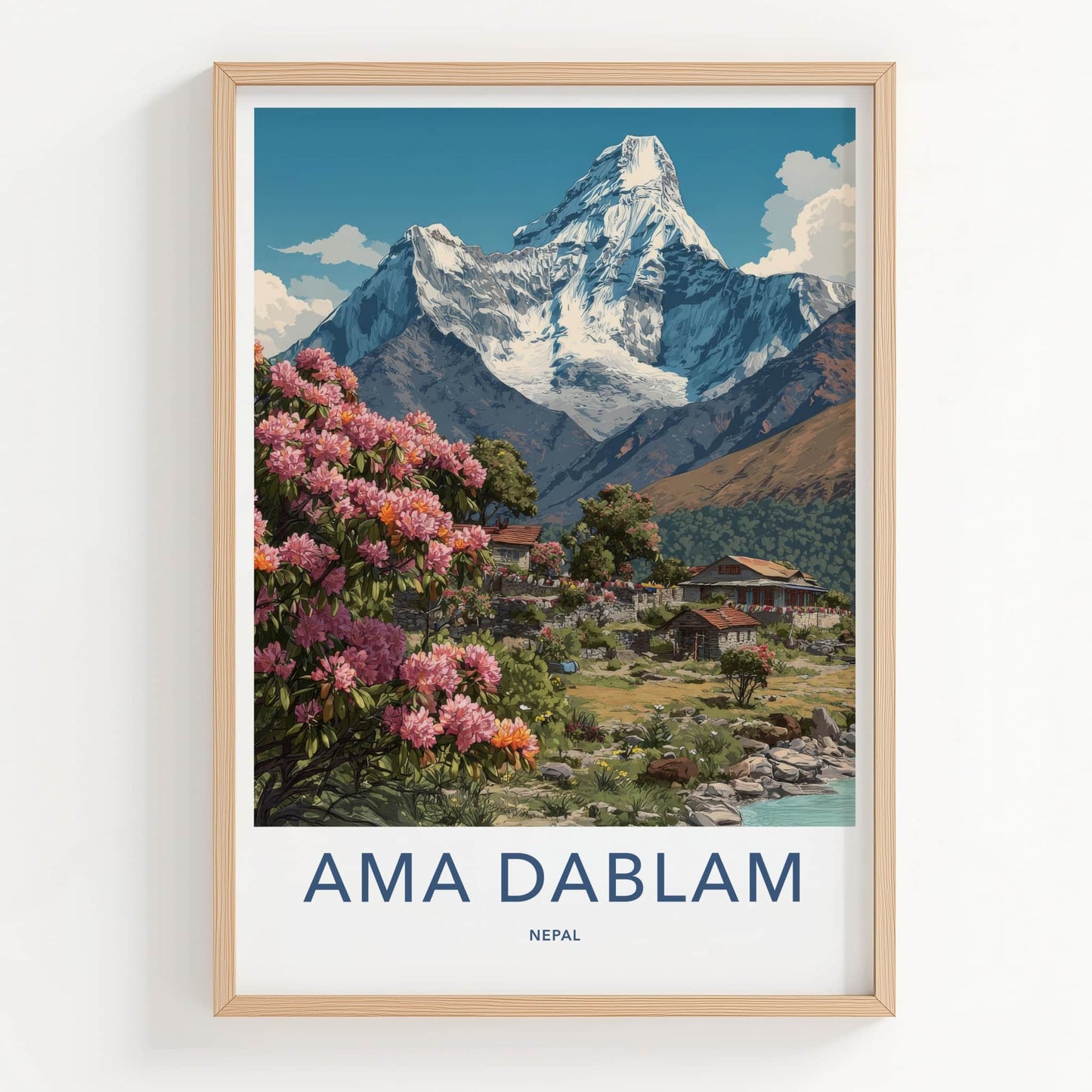 Ama Dablam Poster - Nepal Travel Art - Pink Flowers Village Gallery Art