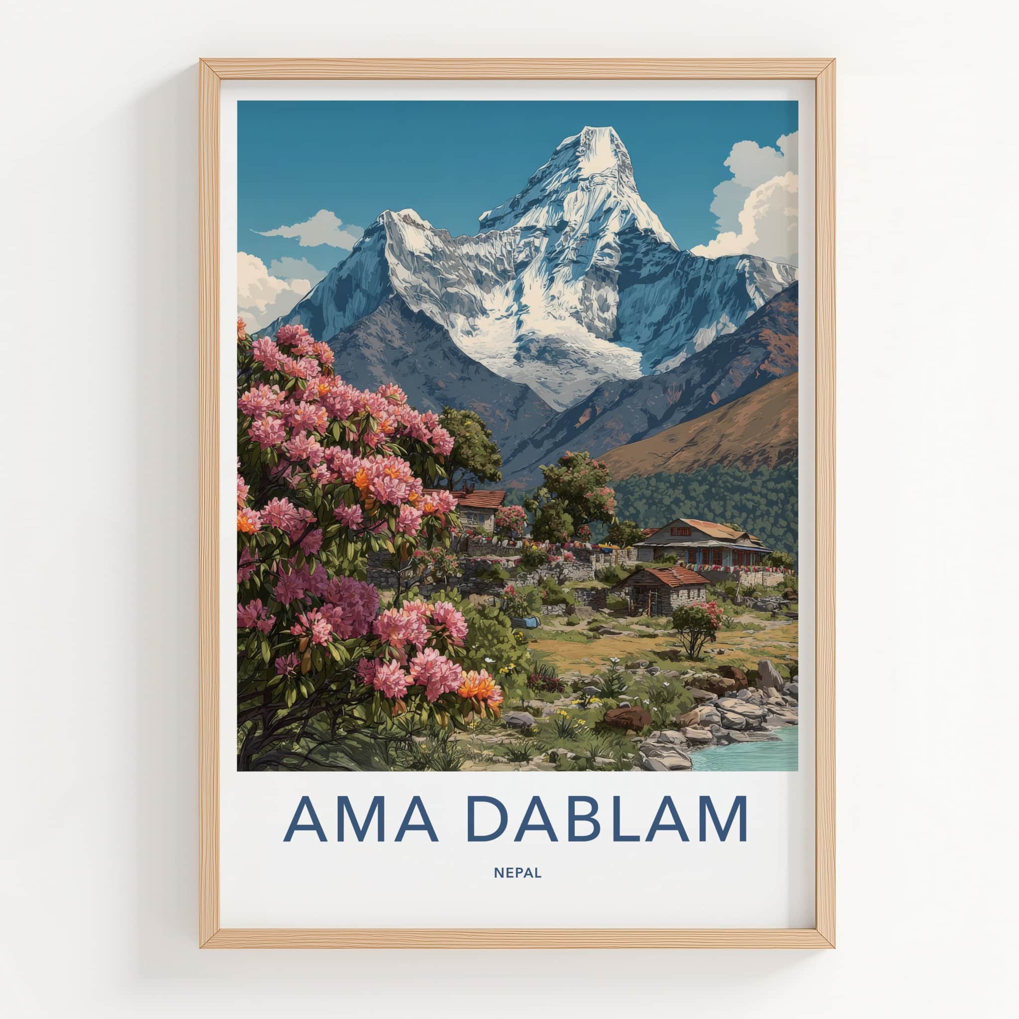 Ama Dablam Poster - Nepal Travel Art - Pink Flowers Village Gallery Art