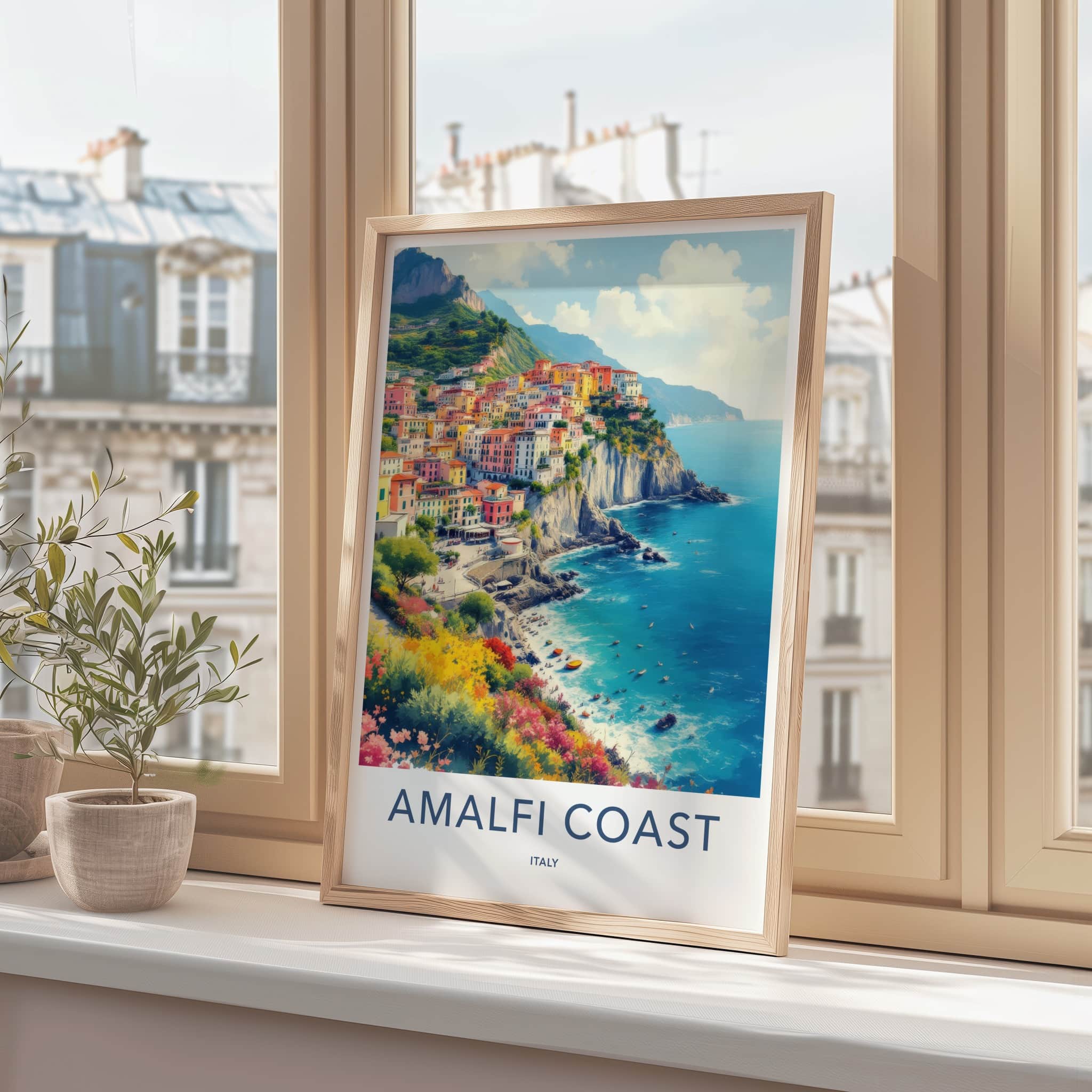 Amalfi Coast Poster - Italy Framed Art - Colorful Cliffside Village Home Decor