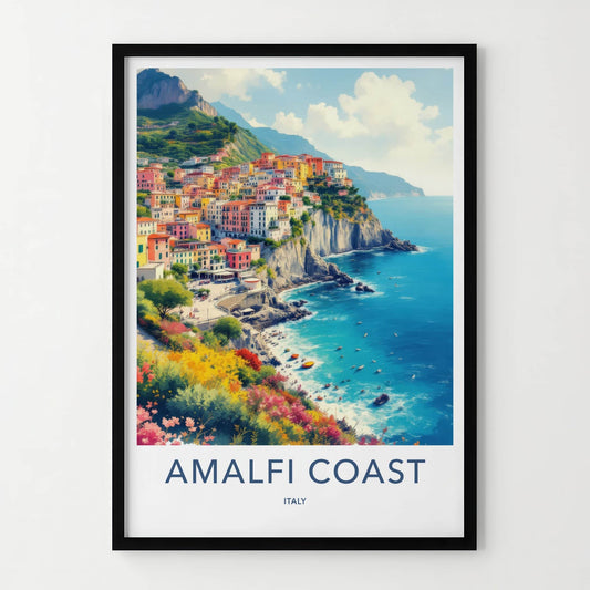 Amalfi Coast Poster - Italy Framed Art - Colorful Cliffside Village Home Decor