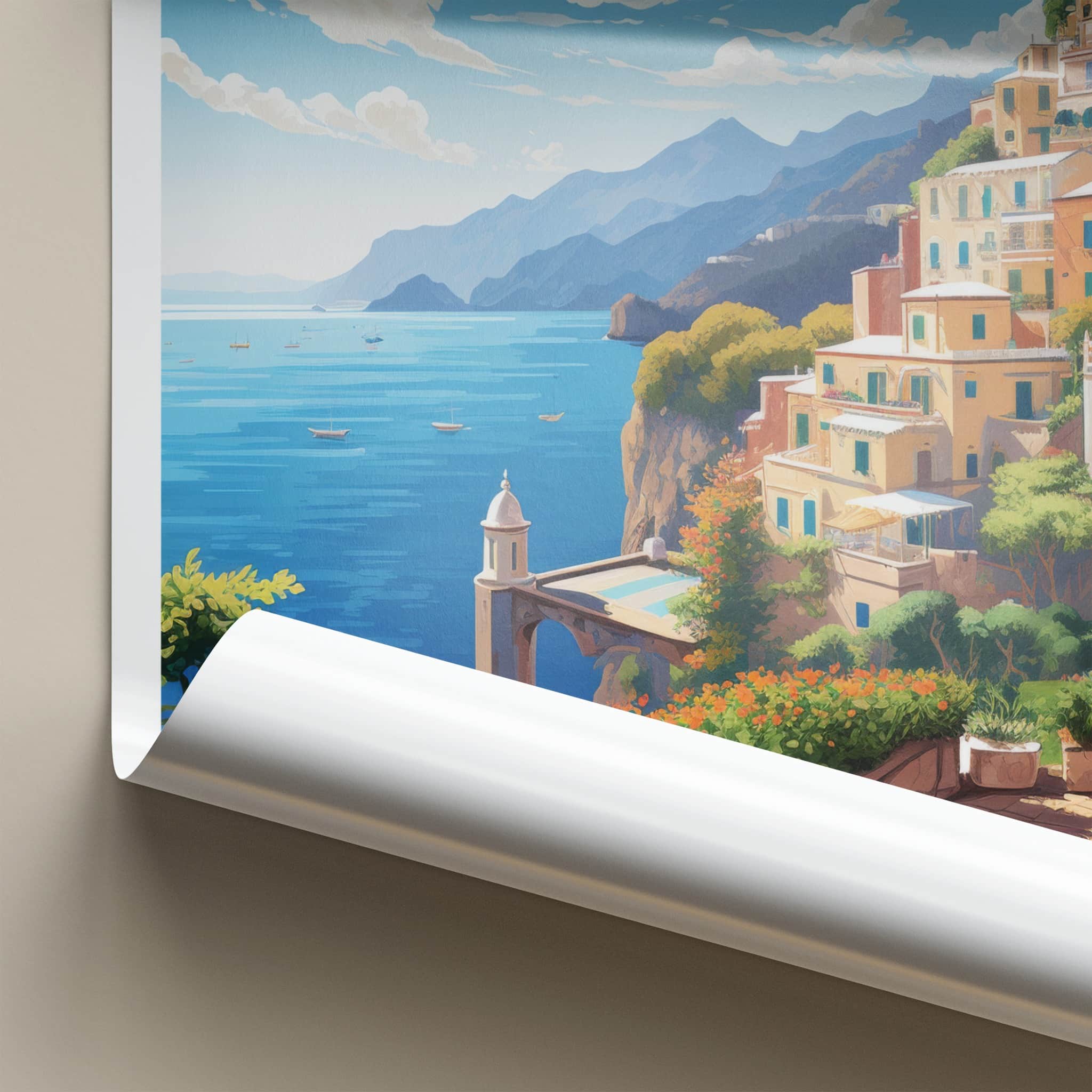 Amalfi Coast Poster - Italy Travel Art - Cliffside Village Scene Home Decor