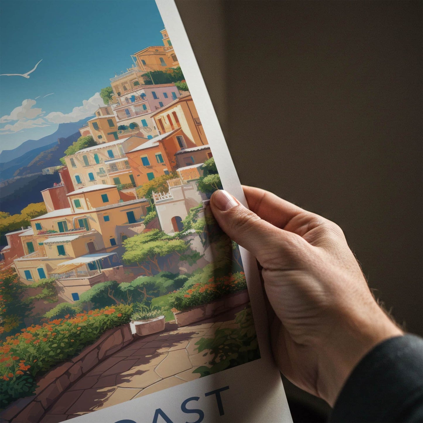 Amalfi Coast Poster - Italy Travel Art - Cliffside Village Scene Home Decor