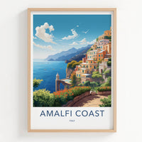 Amalfi Coast Poster - Italy Travel Art - Cliffside Village Scene Home Decor