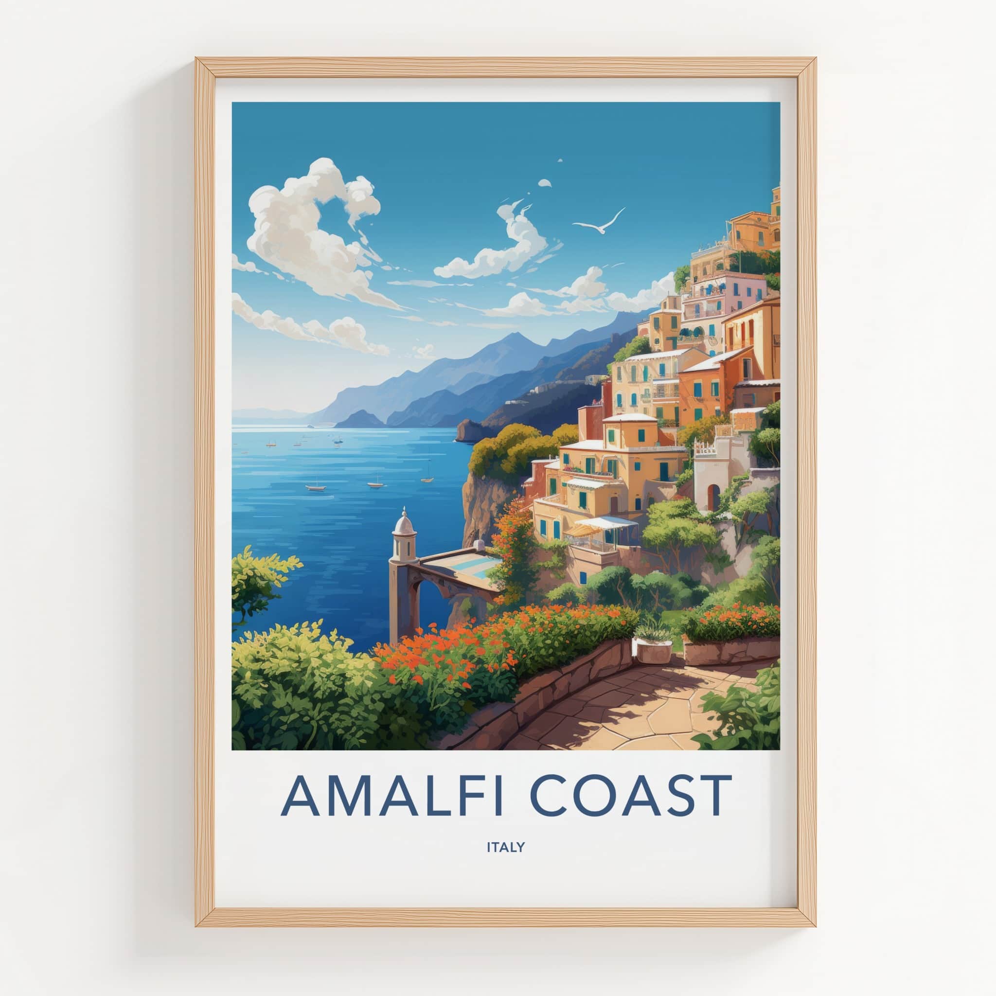 Amalfi Coast Poster - Italy Travel Art - Cliffside Village Scene Home Decor