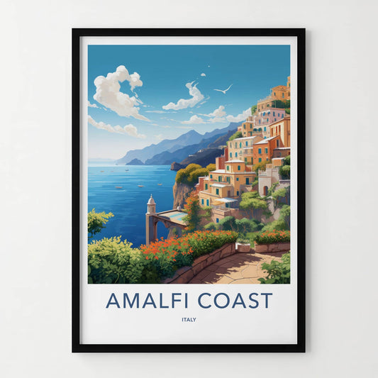Amalfi Coast Poster - Italy Travel Art - Cliffside Village Scene Home Decor