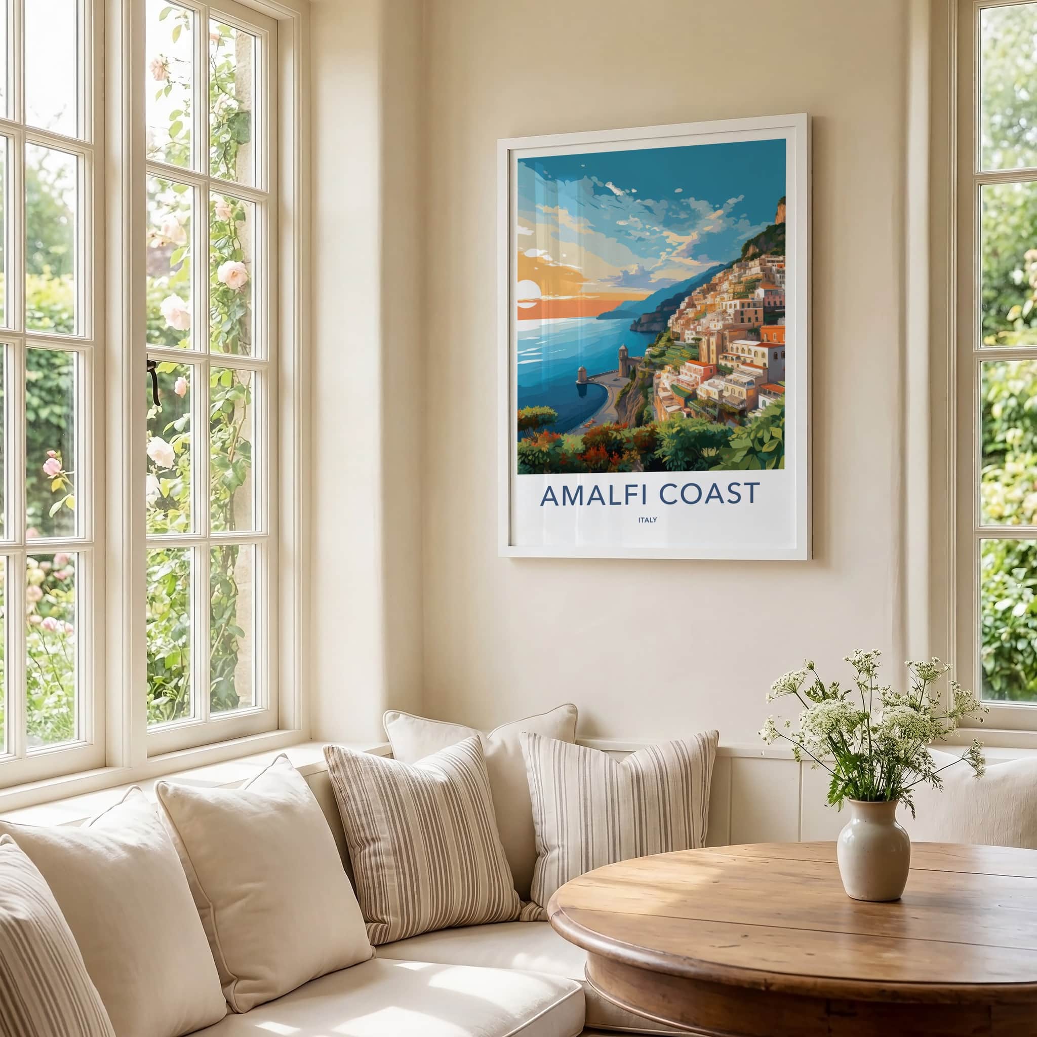 Amalfi Coast Poster - Italy Travel Art - Coastal Village Sunset Home Decor