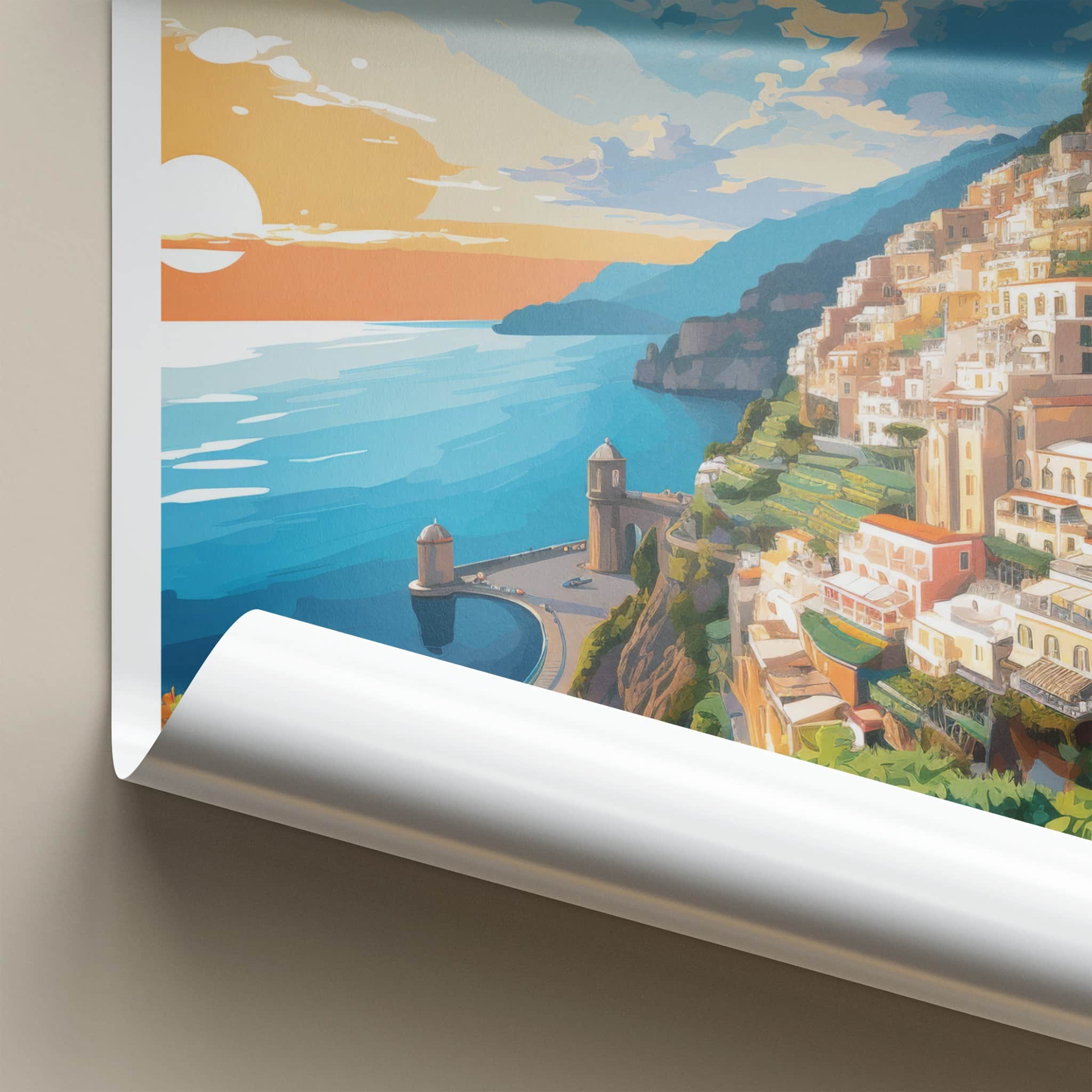 Amalfi Coast Poster - Italy Travel Art - Coastal Village Sunset Home Decor