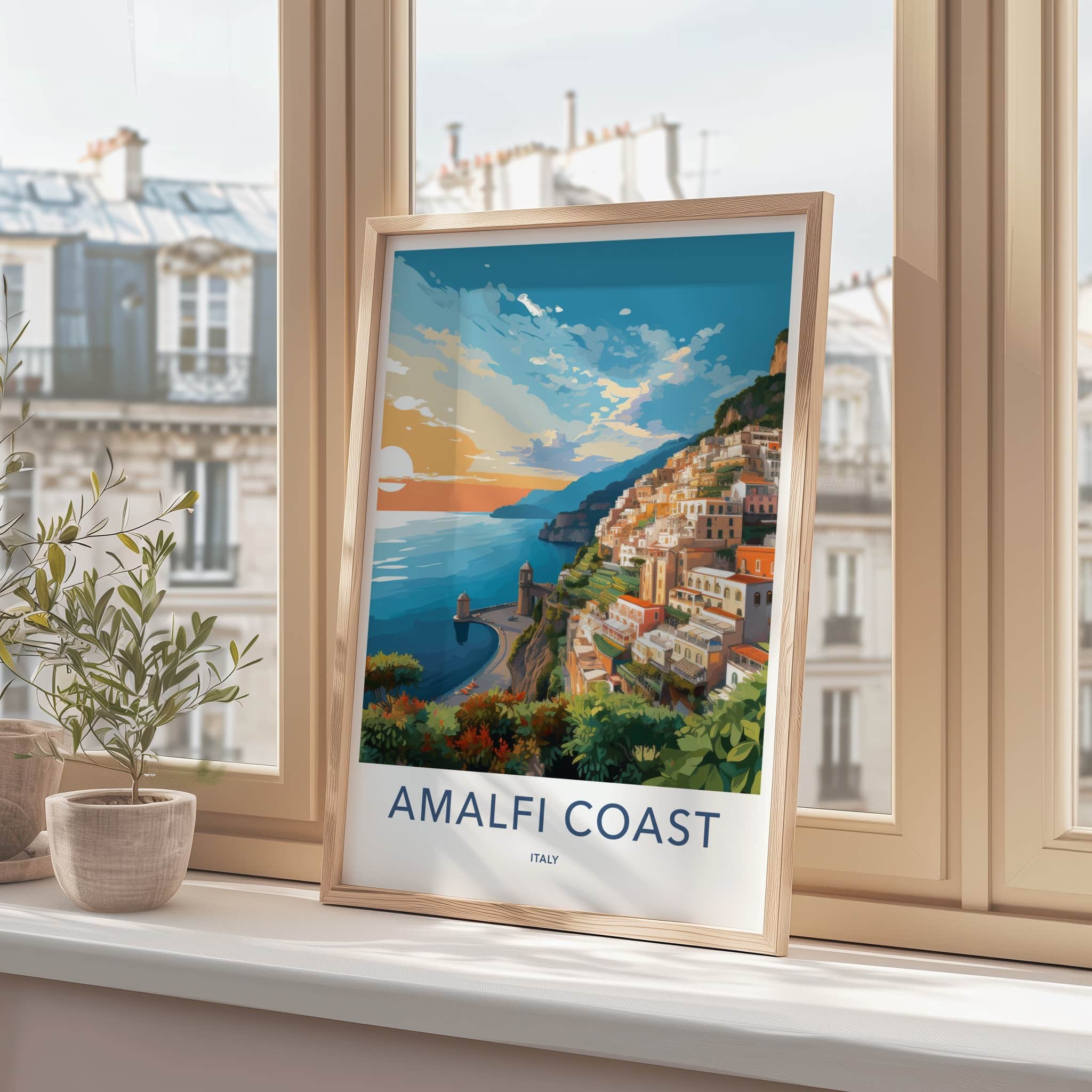 Amalfi Coast Poster - Italy Travel Art - Coastal Village Sunset Home Decor