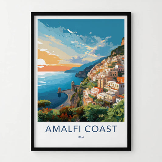 Amalfi Coast Poster - Italy Travel Art - Coastal Village Sunset Home Decor
