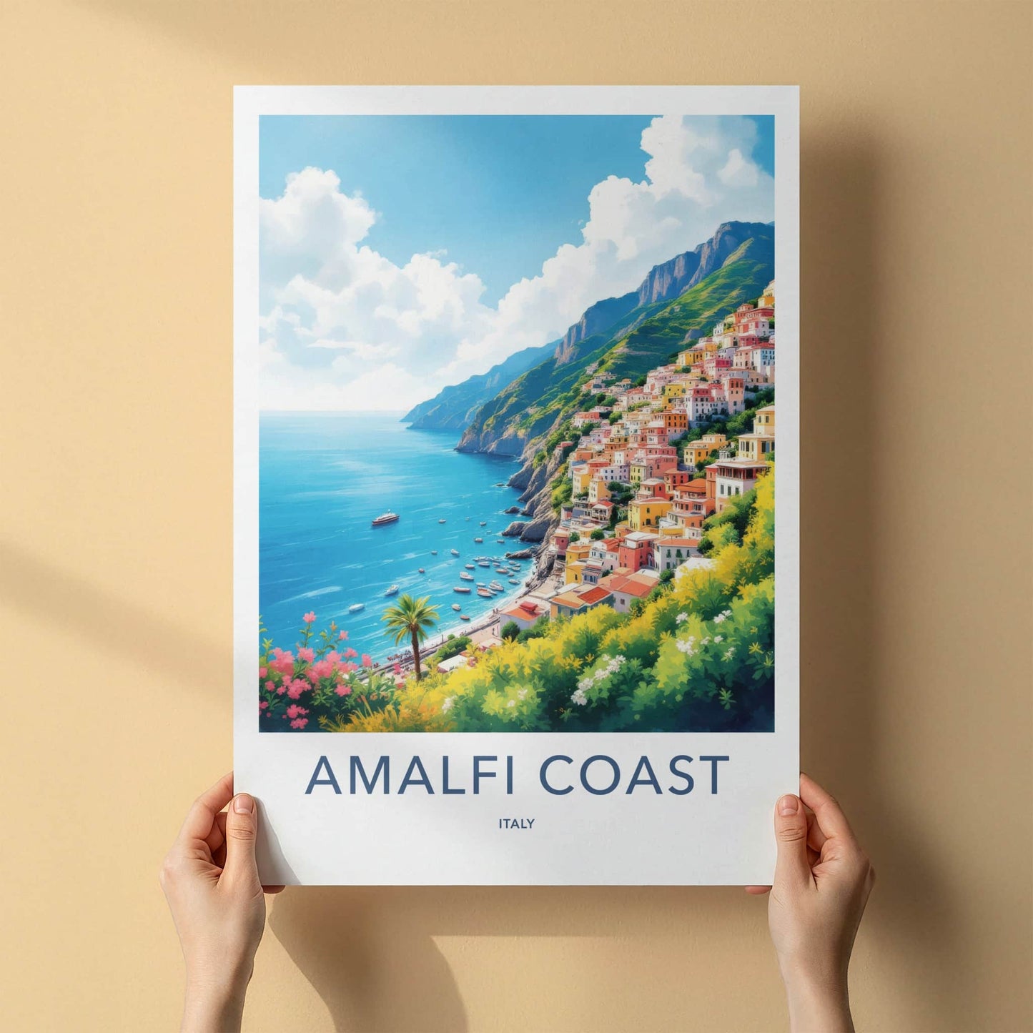 Amalfi Coast Poster - Italy Travel Art - Vibrant Hillside Village Home Decor
