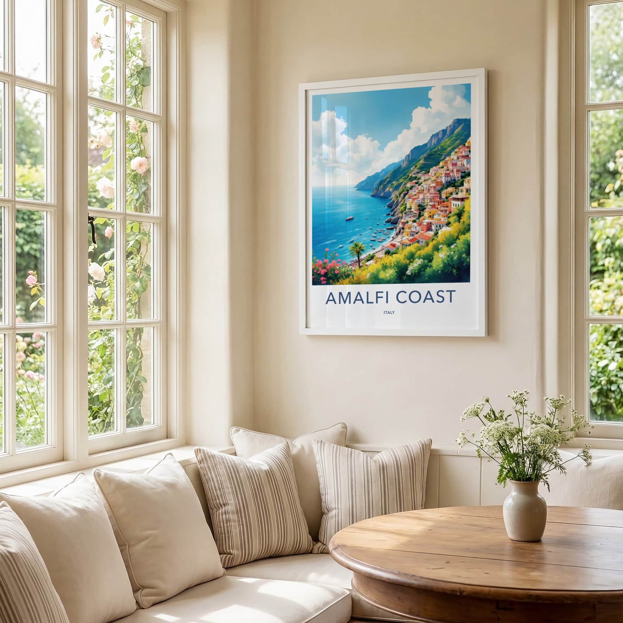 Amalfi Coast Poster - Italy Travel Art - Vibrant Hillside Village Home Decor