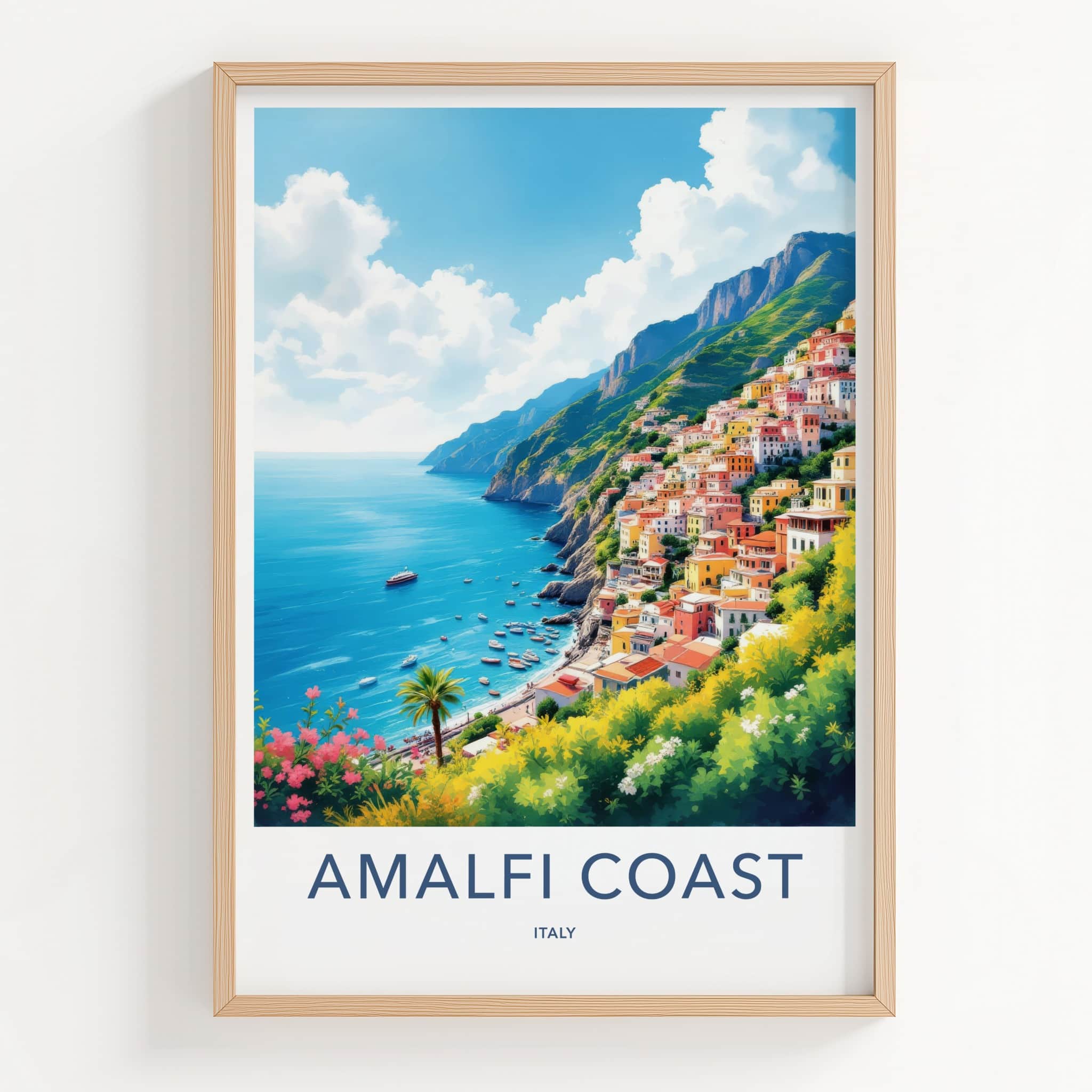 Amalfi Coast Poster - Italy Travel Art - Vibrant Hillside Village Home Decor